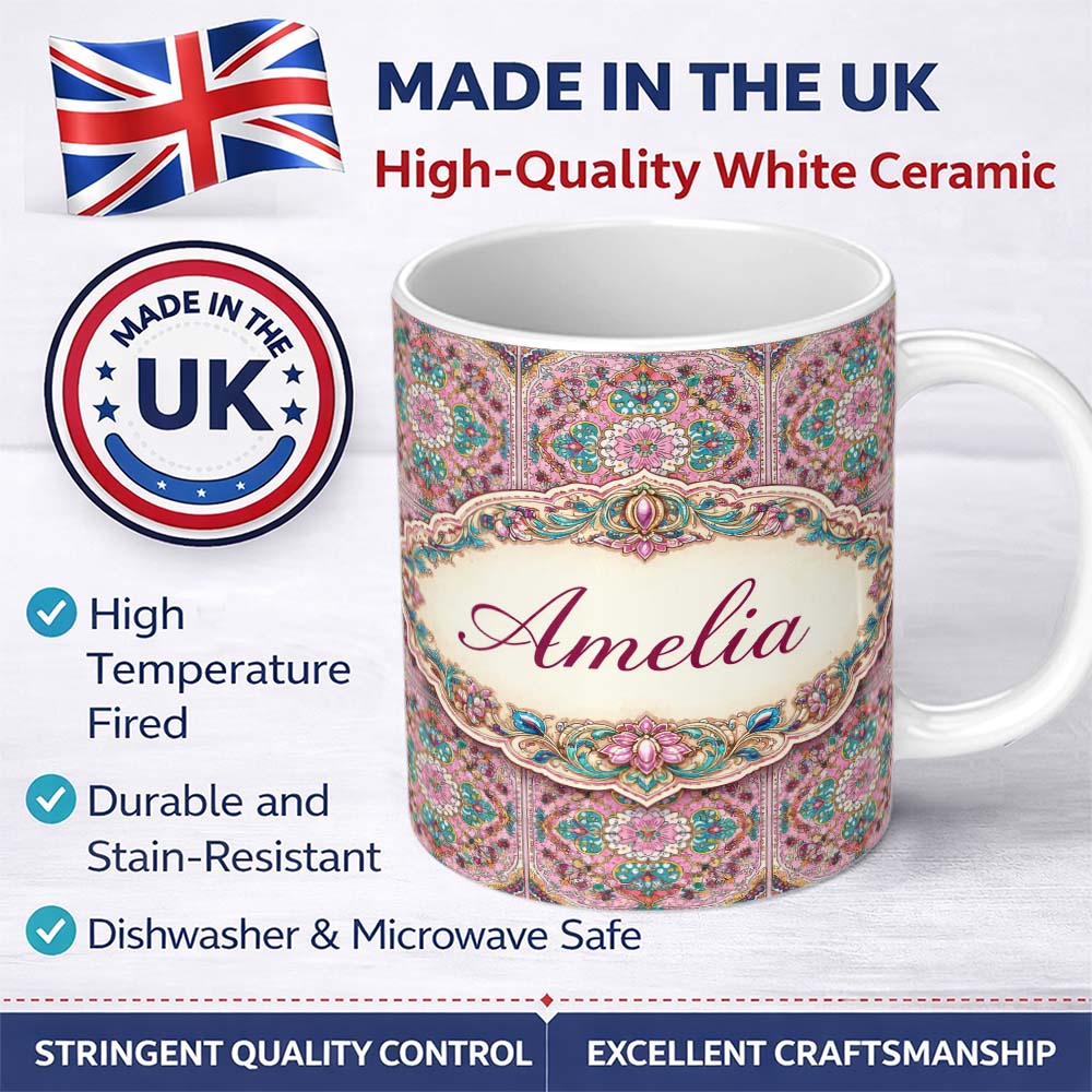 Personalized Custom Name Pink Teal Vintage Ornamental Tile Floral Pattern Symmetrical Design 11oz Ceramic Coffee Tea Mug White Large Handle