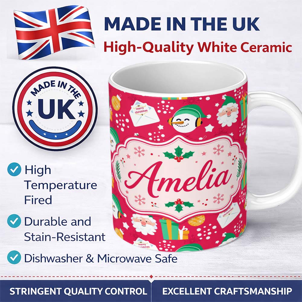 Custom Name Cute Santa Snowman Christmas Letter Gift Seamless Pattern Lovely 11oz Ceramic Coffee Tea Mug White Large Handle