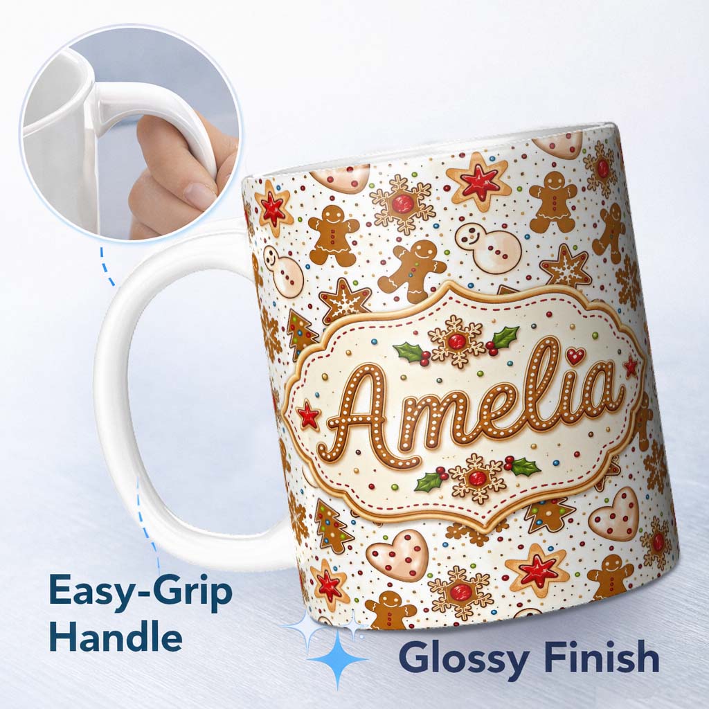 Personalized Custom Name Gingerbread Cookies Snowman Star Christmas Seamless Pattern Lovely 11oz Ceramic Coffee Tea Mug White Large Handle