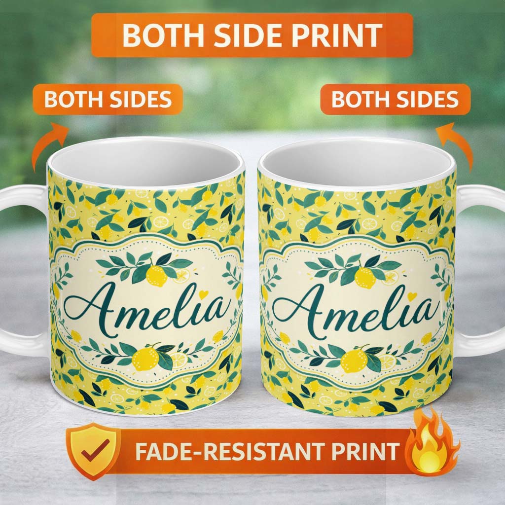Personalized Custom Name Bright Yellow Lemon and Leaf Pattern with Modern Flat Illustration 11oz Ceramic Coffee Tea Mug White Large Handle