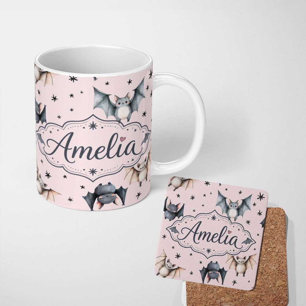 Personalized Custom Name Cute Watercolor Bats and Stars Seamless Pattern Blush Pink Lovely 11oz Ceramic Coffee Tea Mug White Large Handle