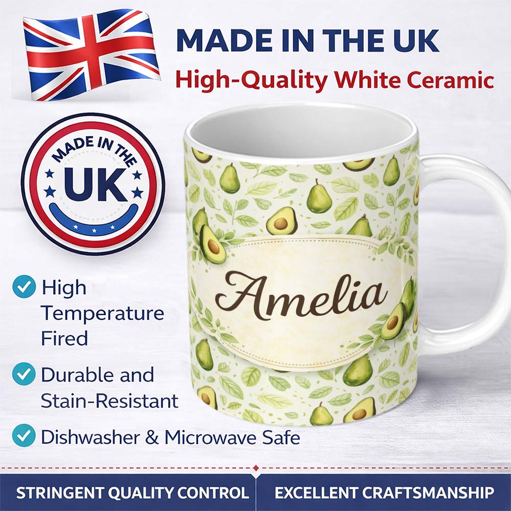 Personalized Custom Name Avocado Leaf Fresh Green Pattern Stylish Everyday Mug Lovely 11oz Ceramic Coffee Tea Mug White Large Handle
