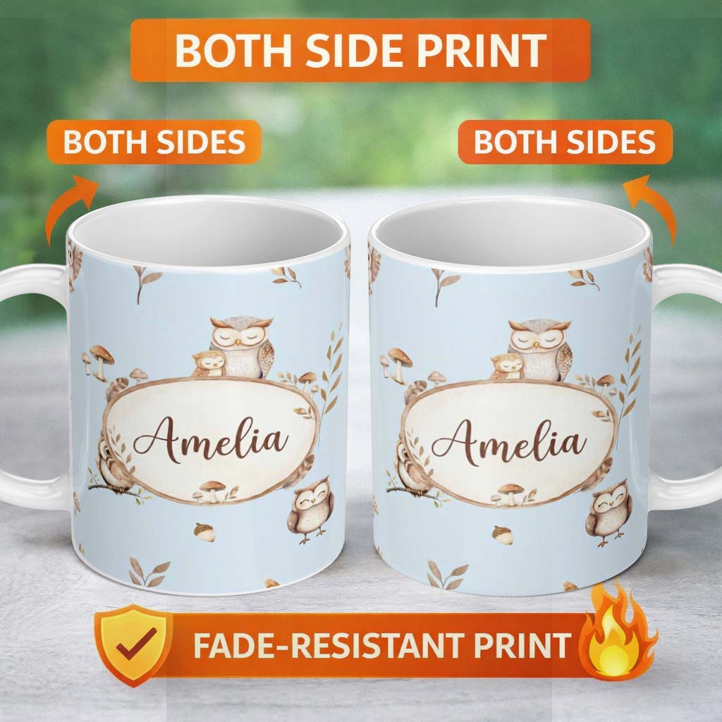 Personalized Custom Name Cute Woodland Owls with Mushrooms Leaves Soft Blue Background 11oz Ceramic Coffee Tea Mug White Large Handle
