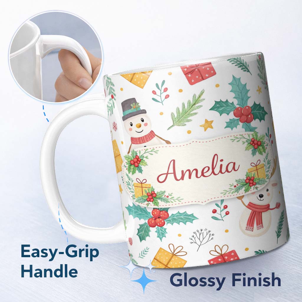 Personalized Custom Name Cute Christmas Snowman Holly Reindeer Seamless Pattern Lovely 11oz Ceramic Coffee Tea Mug White Large Handle