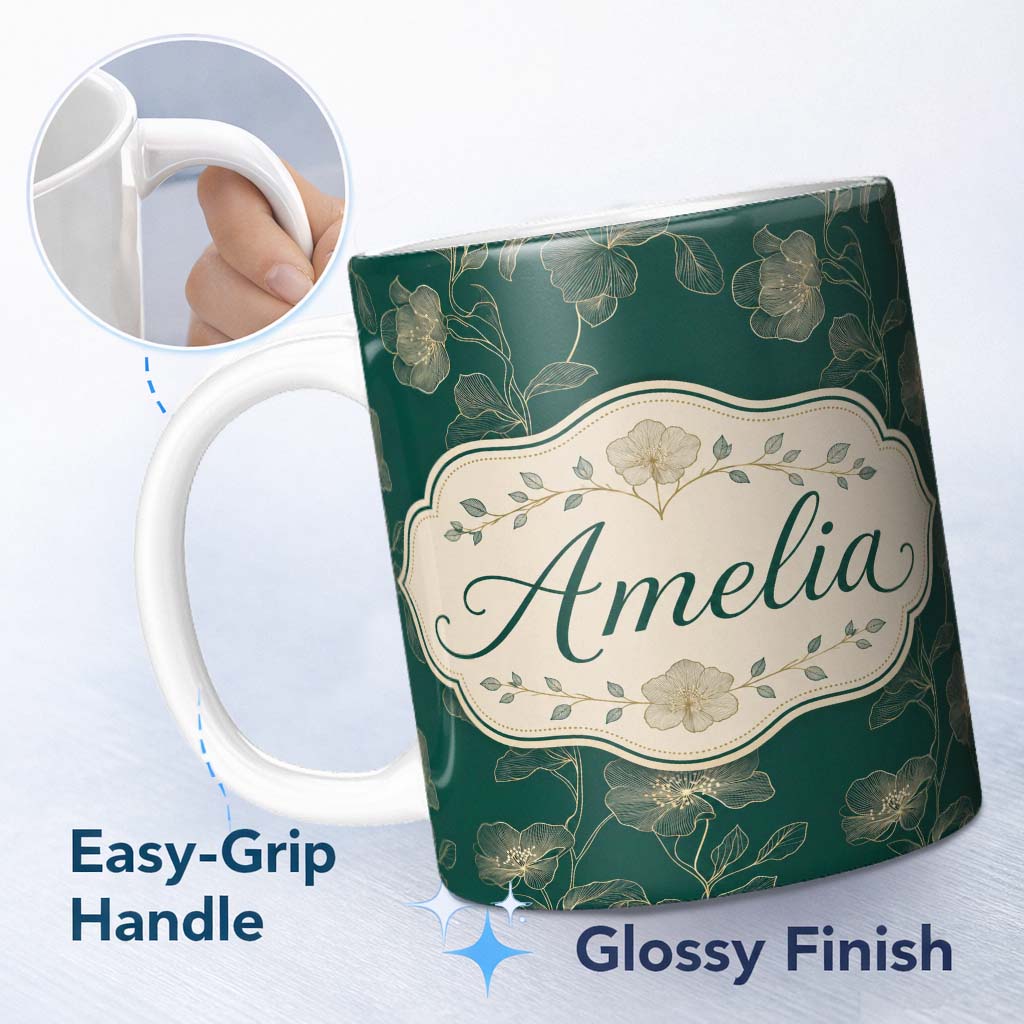 Personalized Custom Name Elegant Deep Green Floral Pattern with Large Gold Line Art Blossoms 11oz Ceramic Coffee Tea Mug White Large Handle