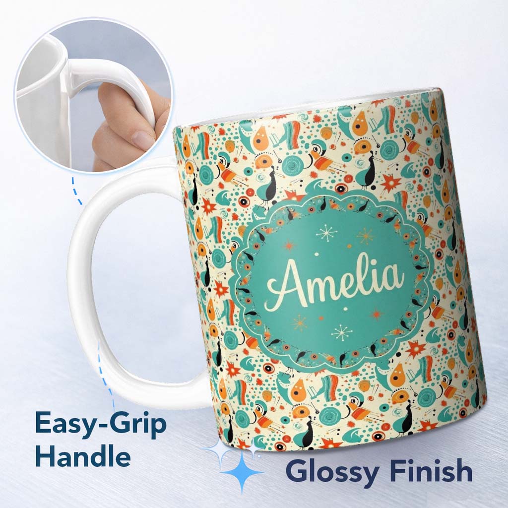 Personalized Custom Name Whimsical Abstract Birds and Shapes Teal Orange Mid Century Style 11oz Ceramic Coffee Tea Mug White Large Handle
