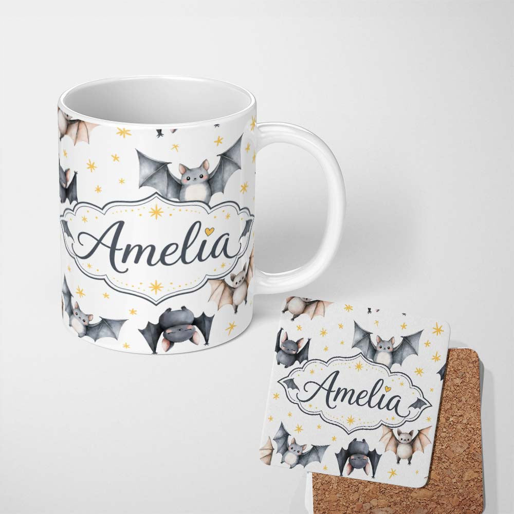 Personalized Custom Name Cute Watercolor Bats and Stars Seamless Pattern Warm Sand Background 11oz Ceramic Coffee Tea Mug White Large Handle