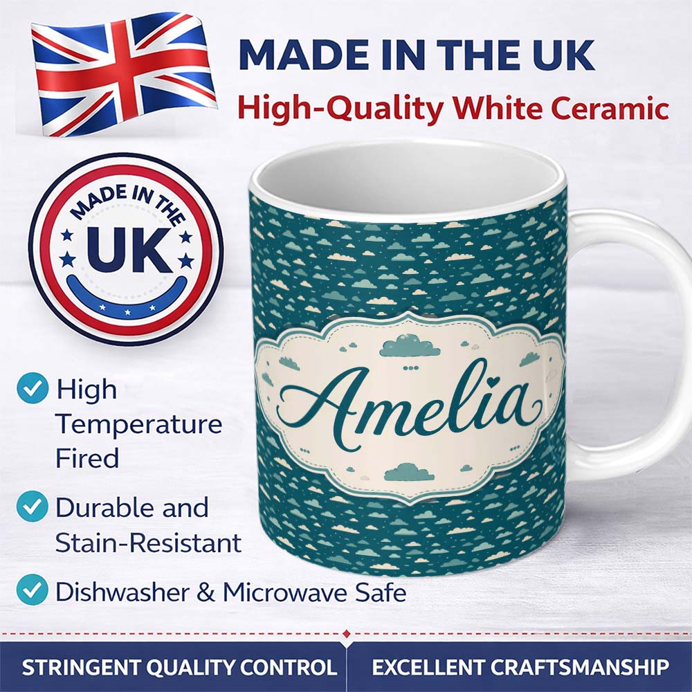 Personalized Custom Name Small Scale Cloud Pattern Teal Background Soft Neutral Clouds Lovely 11oz Ceramic Coffee Tea Mug White Large Handle