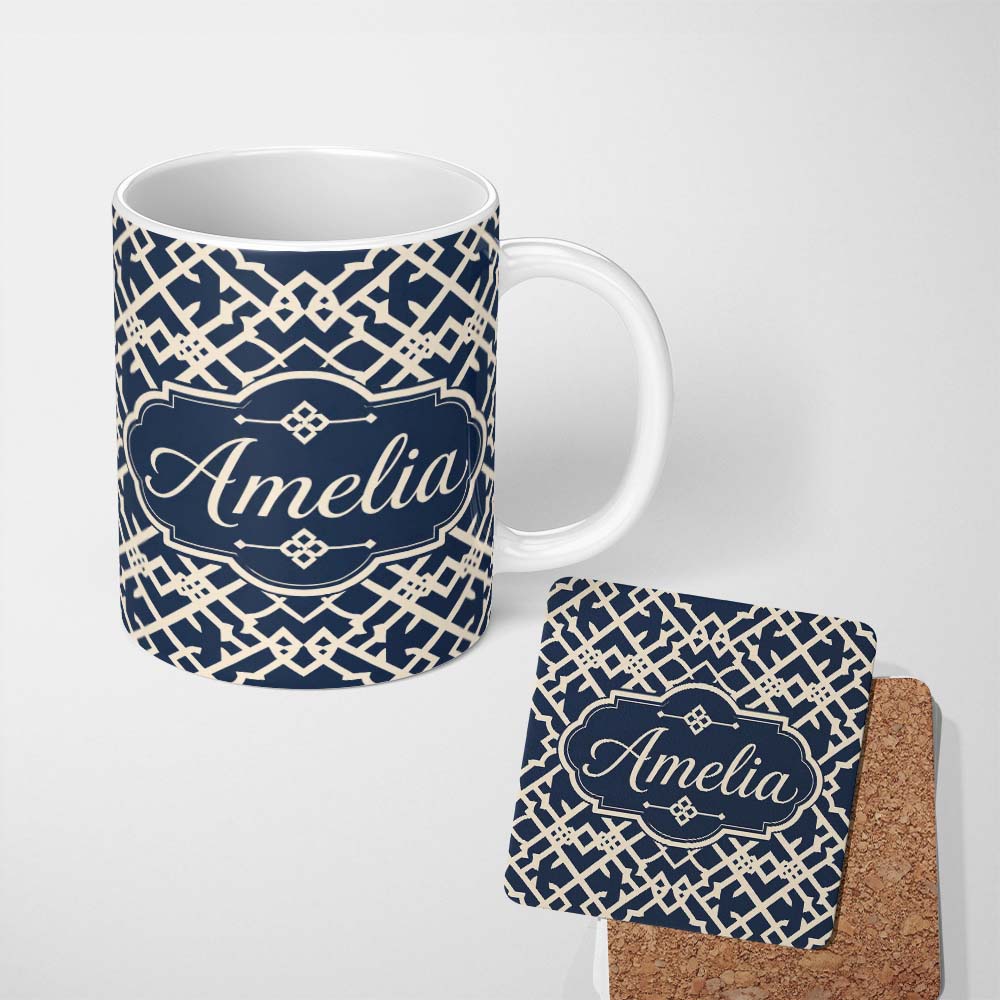 Personalized Custom Name Navy Blue Moroccan Geometric Lattice Elegant Seamless Pattern Lovely 11oz Ceramic Coffee Tea Mug White Large Handle