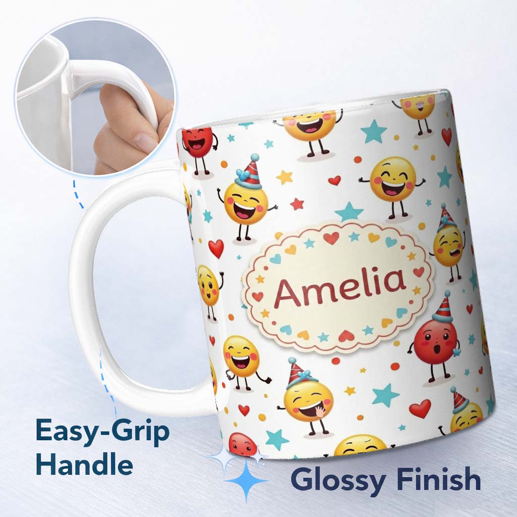 Personalized Custom Name Cute Happy Emoji Faces Party Hats Celebration Seamless Pattern 11oz Ceramic Coffee Tea Mug White Large Handle