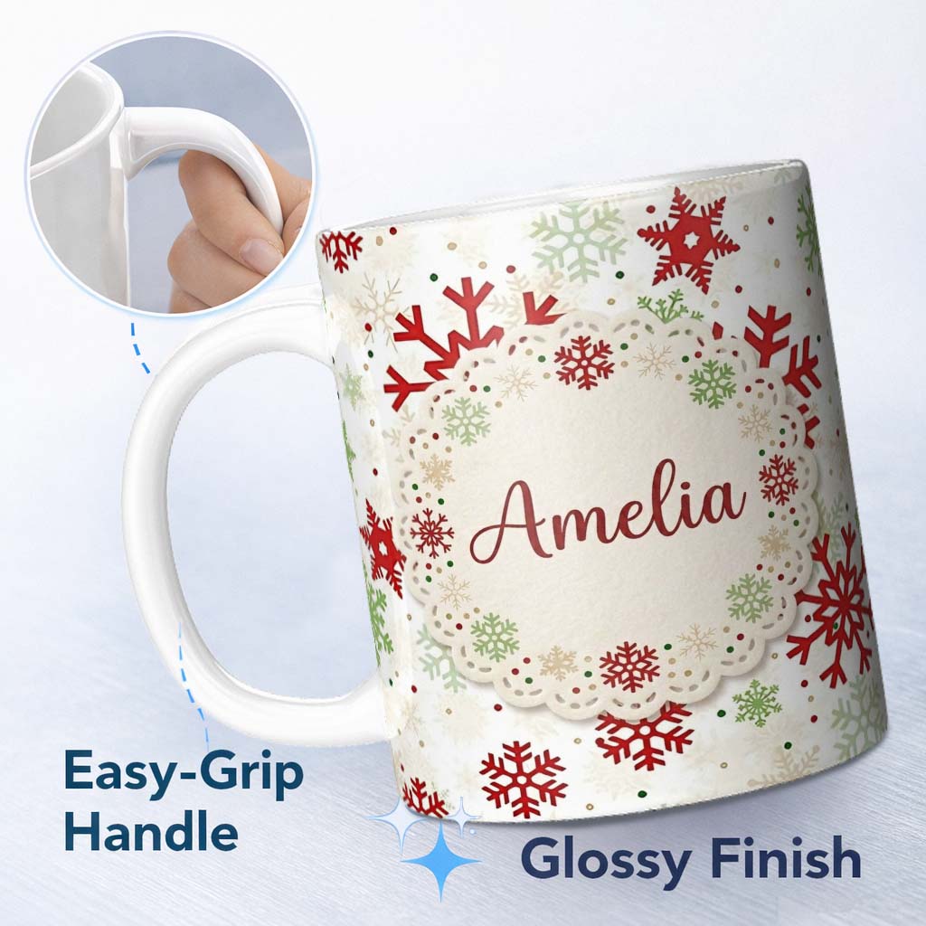Personalized Custom Name Classic Red Green Snowflake Holiday Seamless Pattern Lovely 11oz Ceramic Coffee Tea Mug White Large Handle