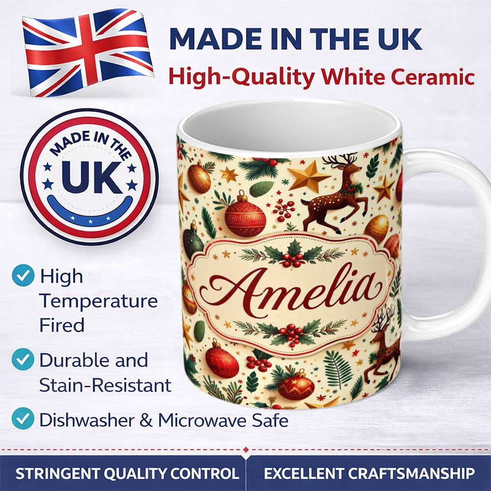 Personalized Custom Name Festive Reindeer Stars Baubles Holly Seamless Pattern Christmas 11oz Ceramic Coffee Tea Mug White Large Handle