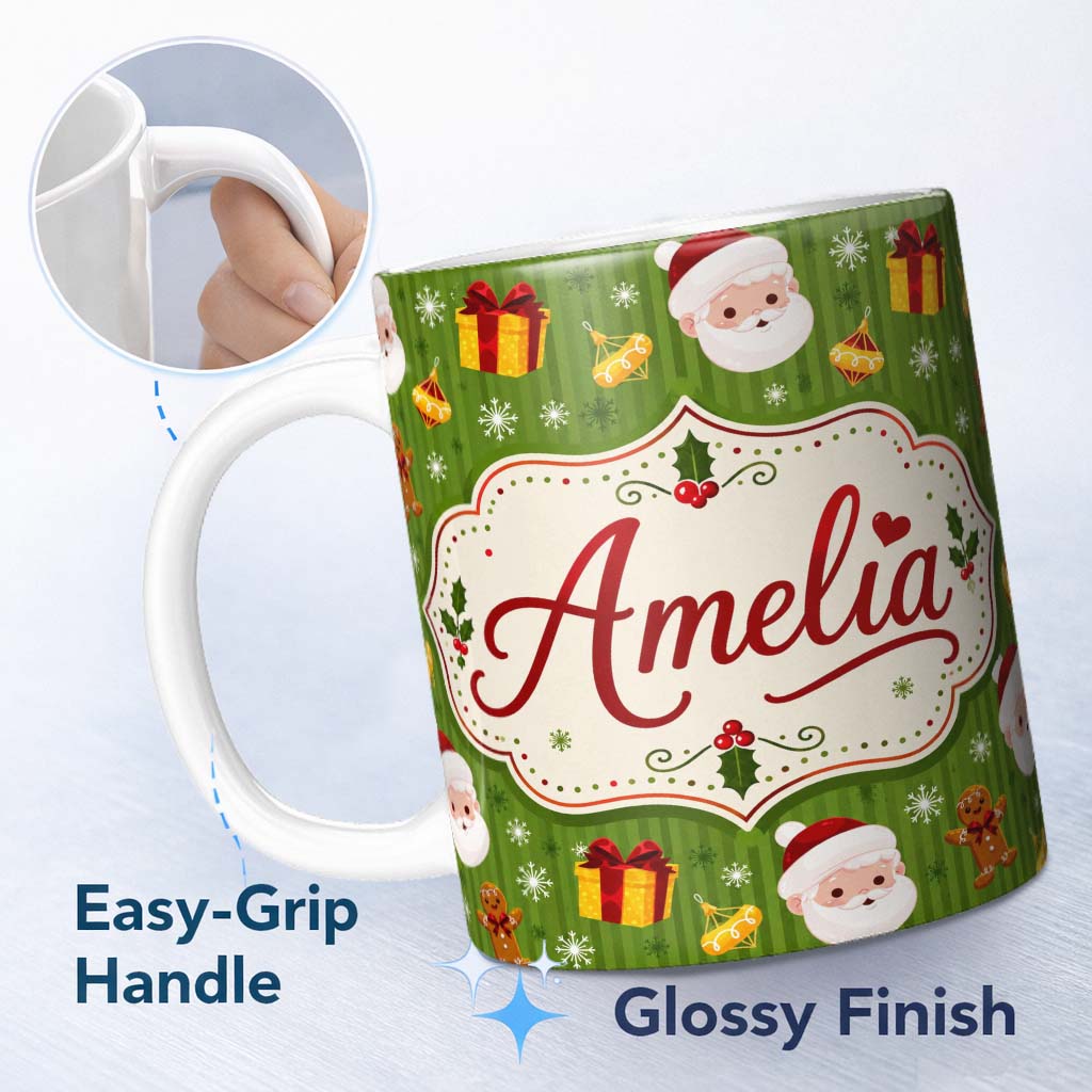 Personalized Custom Name Cute Santa Face Gift Drum Gingerbread Seamless Pattern Festive Xmas 11oz Ceramic Coffee Tea Mug White Large Handle