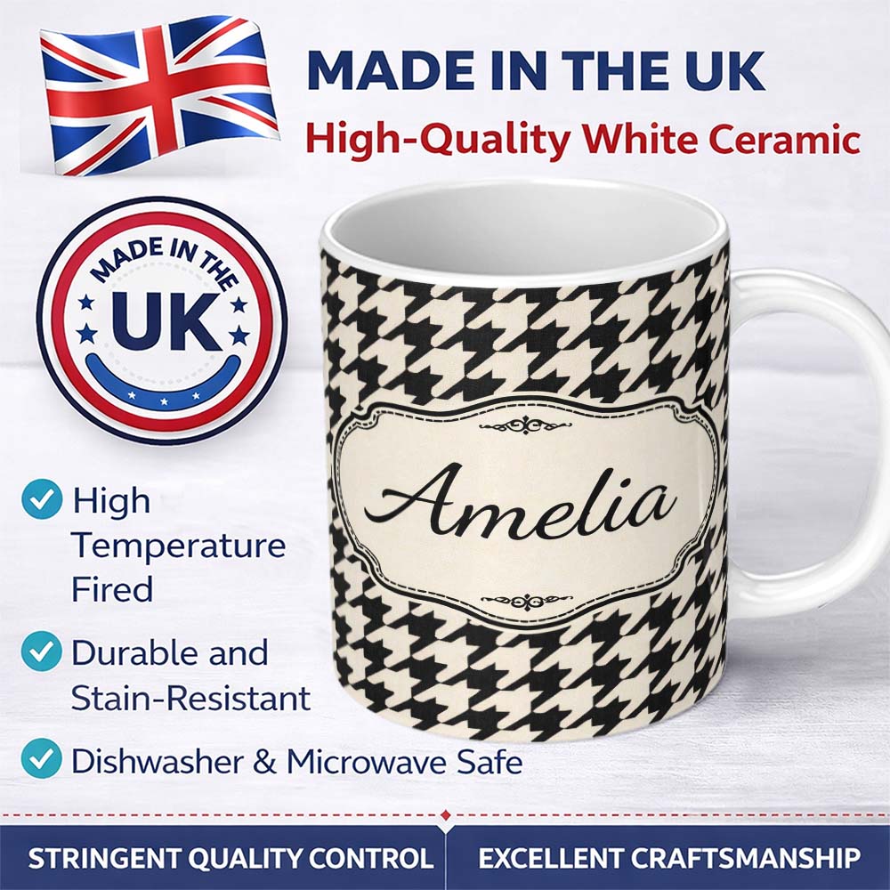 Personalized Custom Name Classic Houndstooth Black Cream Timeless Pattern Cute Unique Gift 11oz Ceramic Coffee Tea Mug White Large Handle