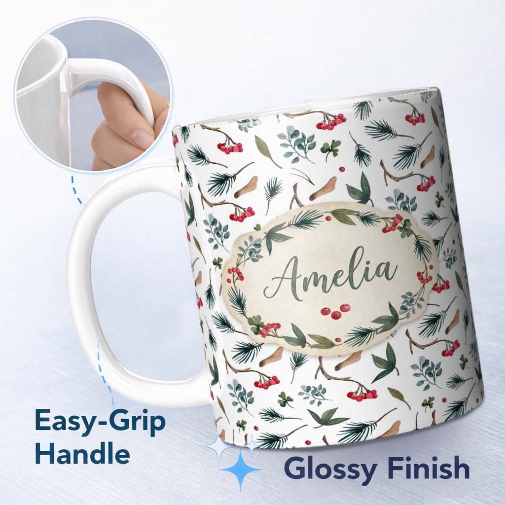 Personalized Custom Name Winter Botanical Pine Branch Berry Nature Seamless Pattern Lovely 11oz Ceramic Coffee Tea Mug White Large Handle