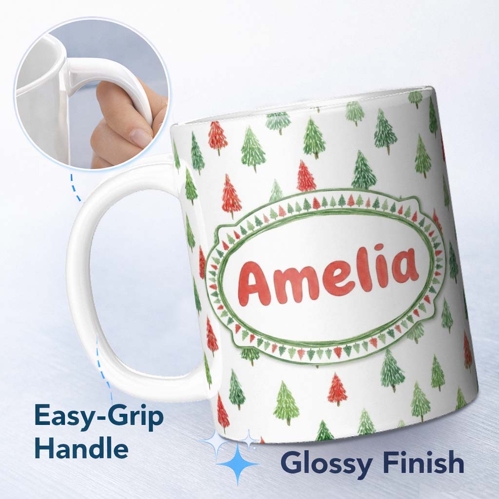 Personalized Custom Name Watercolor Mini Christmas Trees Red Green Holiday Seamless Pattern 11oz Ceramic Coffee Tea Mug White Large Handle