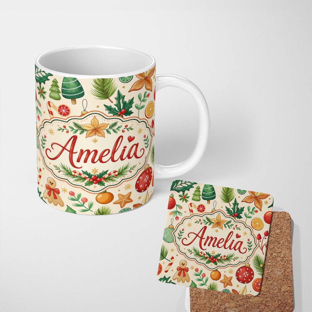 Personalized Custom Name Cute Christmas Ornaments Candy Cane Citrus Leaves Festive Seamless 11oz Ceramic Coffee Tea Mug White Large Handle