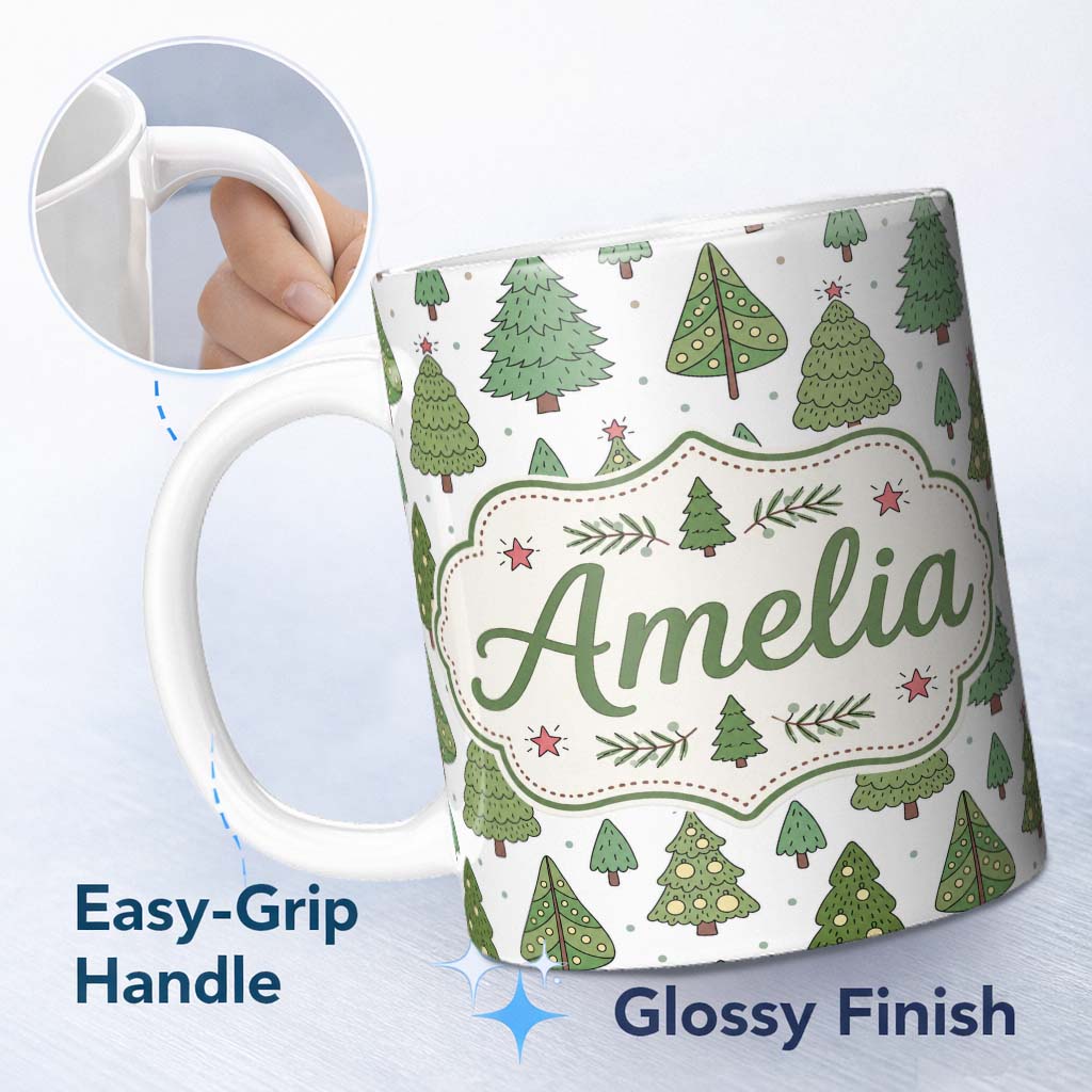 Personalized Custom Name Hand Drawn Christmas Trees with Ornaments and Dots Cute Seamless 11oz Ceramic Coffee Tea Mug White Large Handle