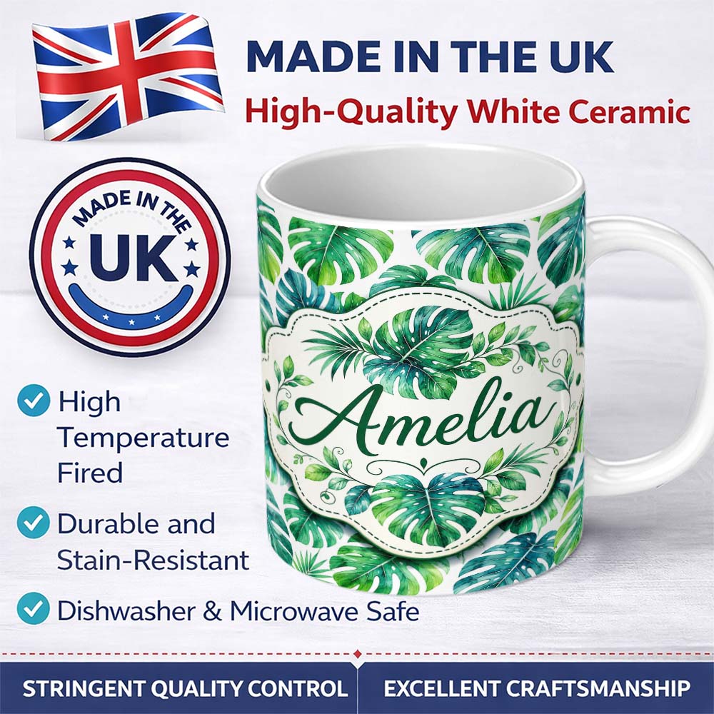 Personalized Custom Name Soft Watercolor Monstera Leaves in Fresh Green Tones Seamless Lovely 11oz Ceramic Coffee Tea Mug White Large Handle
