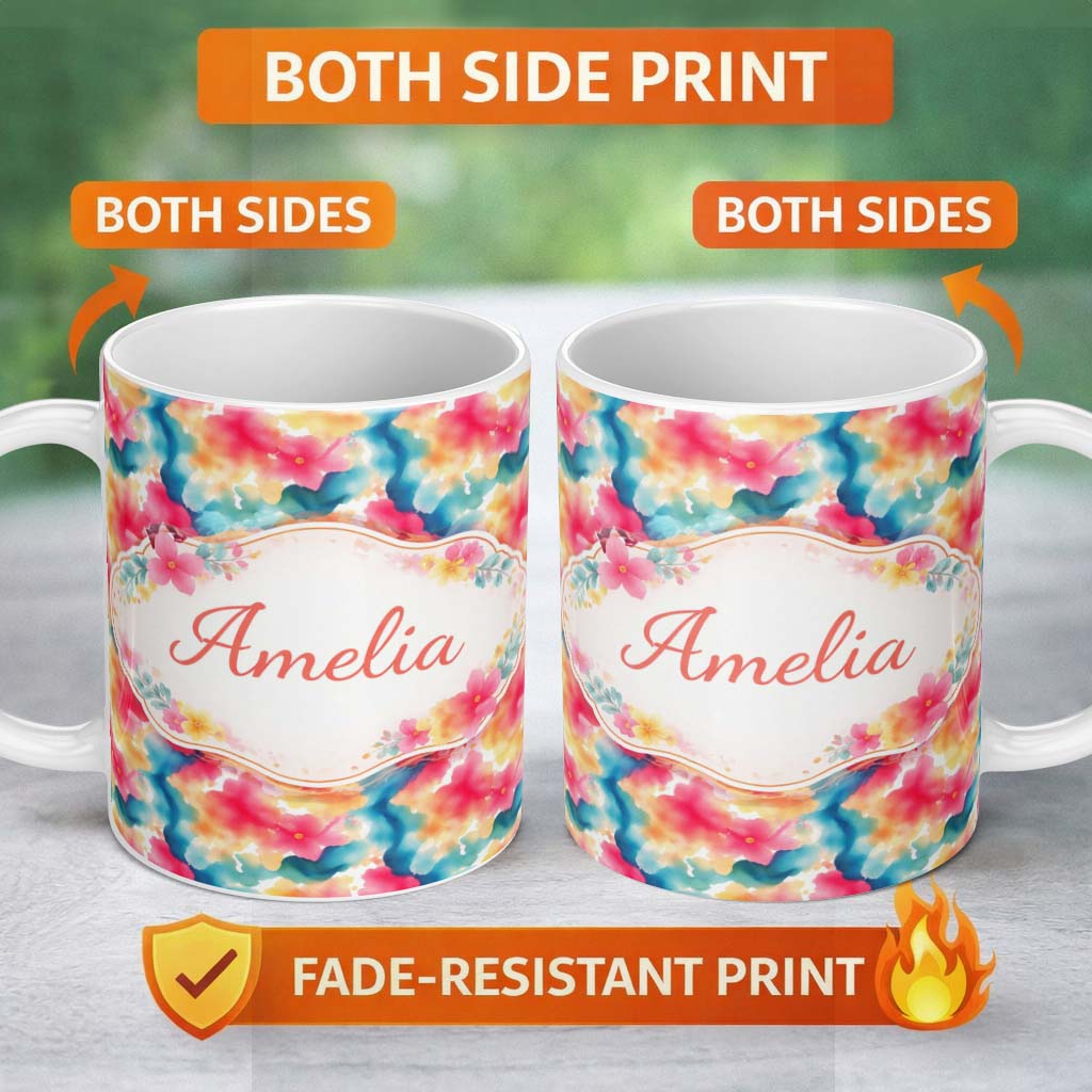 Personalized Custom Name Watercolour Blend Abstract Flow Soft Pink Yellow Blue Pattern Lovely 11oz Ceramic Coffee Tea Mug White Large Handle