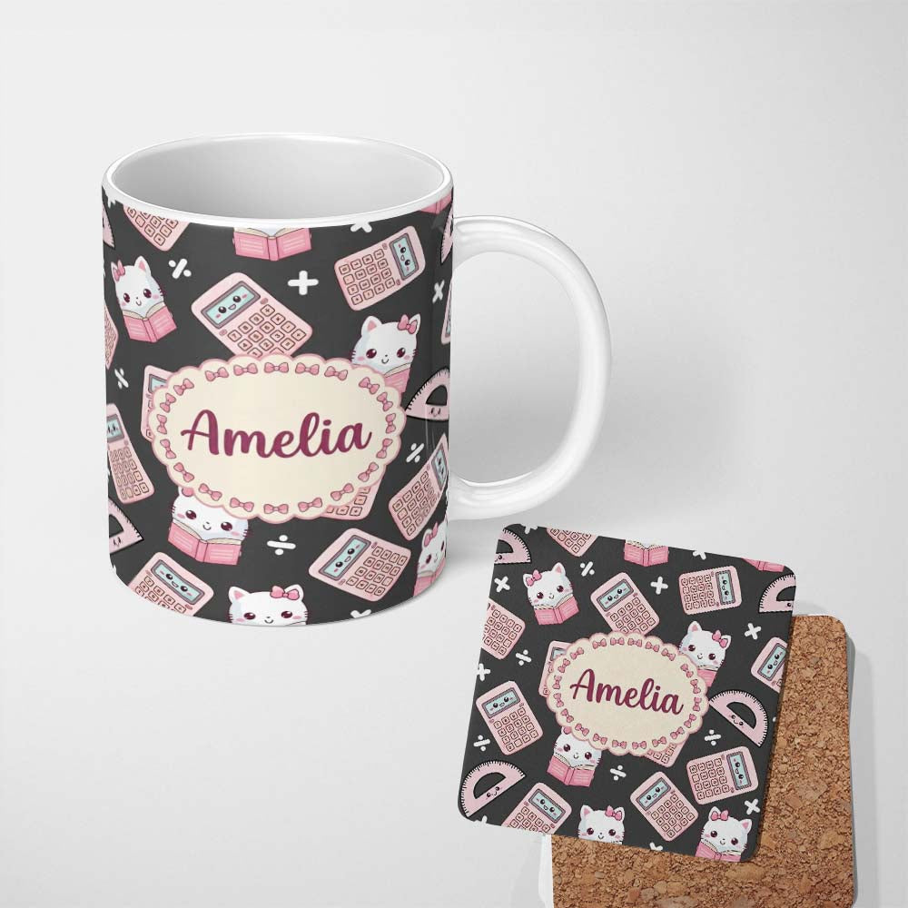Personalized Custom Name Cute Kawaii Maths Cat Calculator Ruler Seamless Pattern Dark Grey 11oz Ceramic Coffee Tea Mug White Large Handle