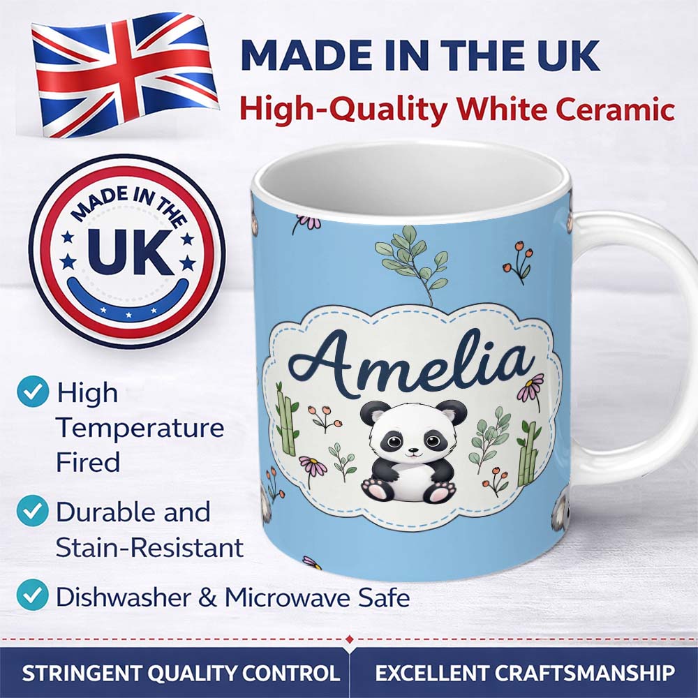Personalized Custom Name Cute Panda Bear with Bamboo Leaves Floral Seamless Pattern Sky Blue 11oz Ceramic Coffee Tea Mug White Large Handle