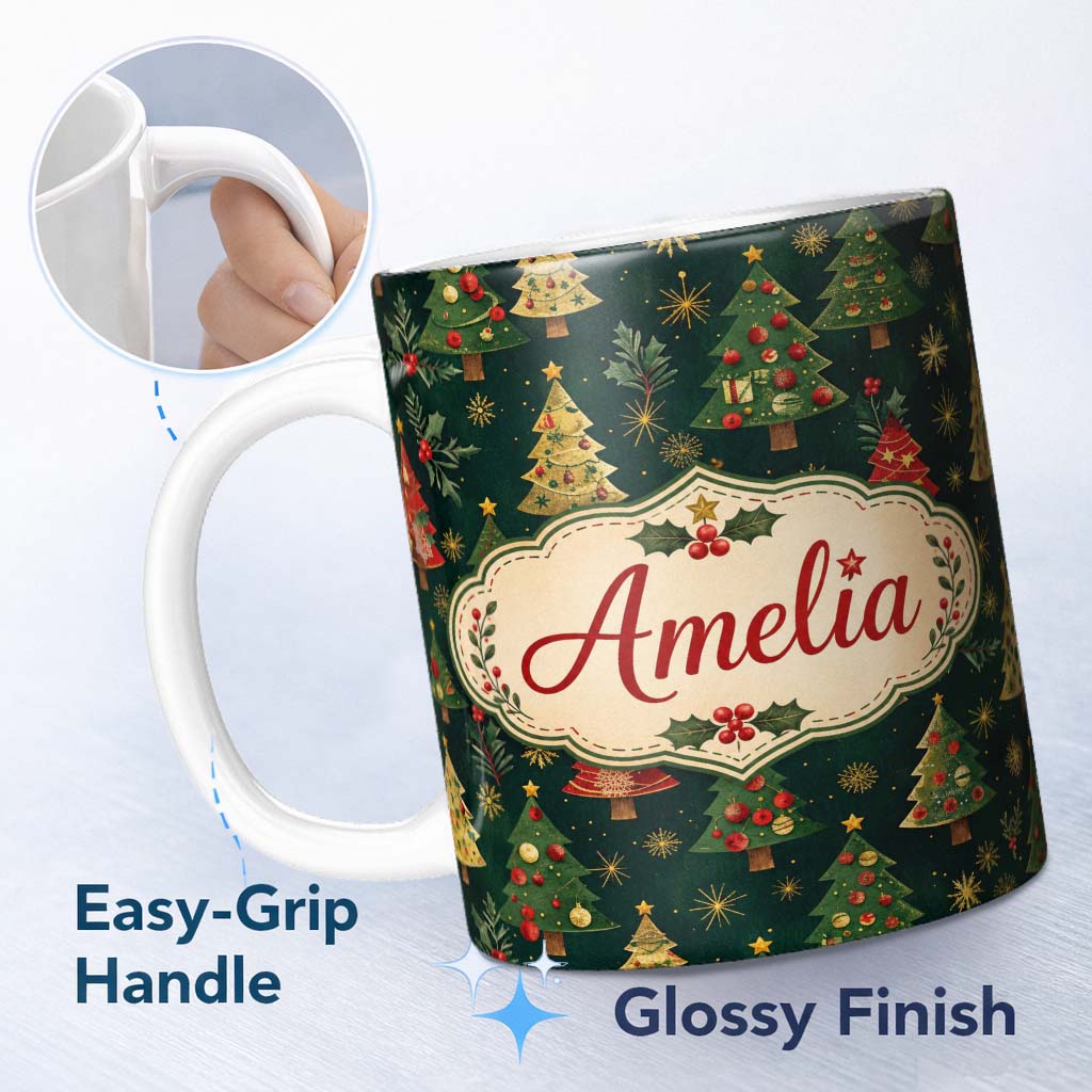 Personalized Custom Name Vintage Christmas Trees Dark Green Gold Stars Holiday Seamless 11oz Ceramic Coffee Tea Mug White Large Handle