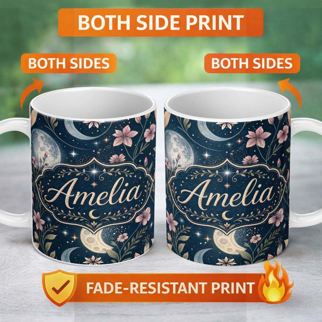 Personalized Custom Name Pink Floral Moon Stars Celestial Night Seamless Pattern Lovely 11oz Ceramic Coffee Tea Mug White Large Handle