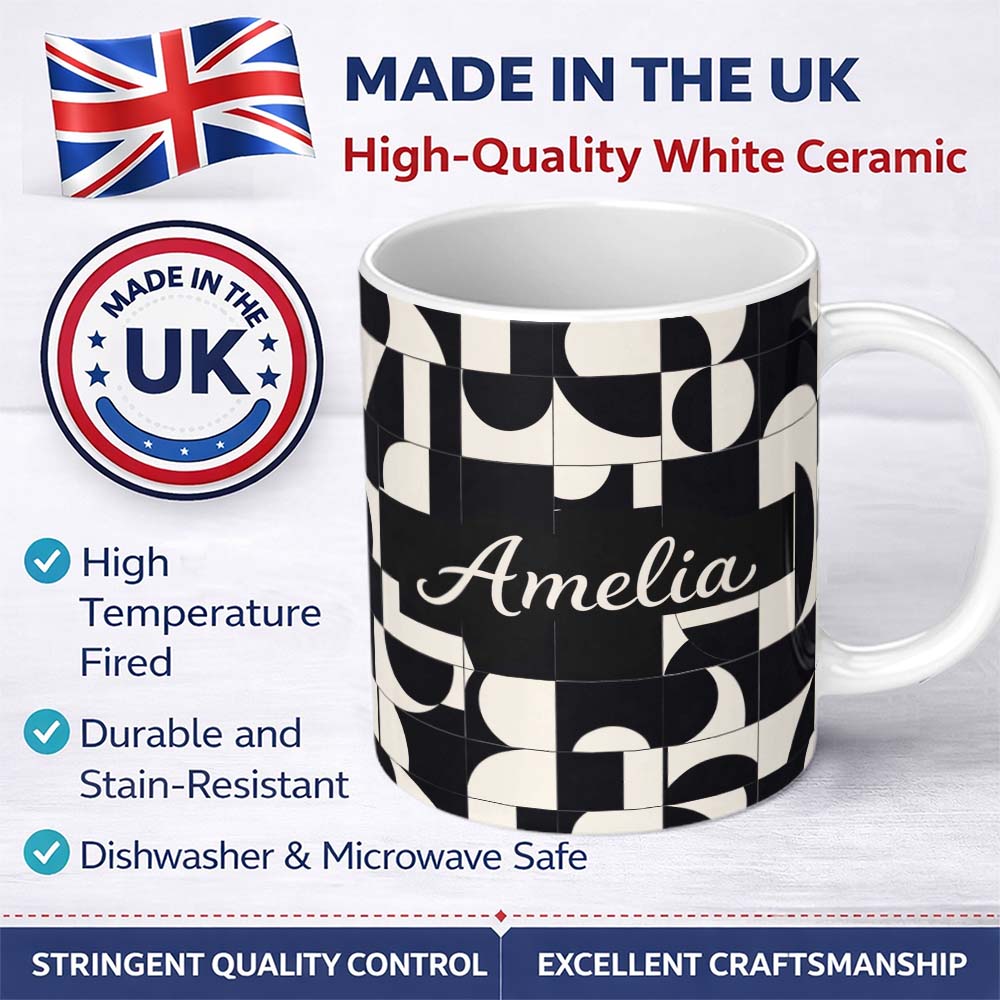 Personalized Custom Name Abstract Cutout Grid Black Cream Modern Geometric Pattern Lovely 11oz Ceramic Coffee Tea Mug White Large Handle