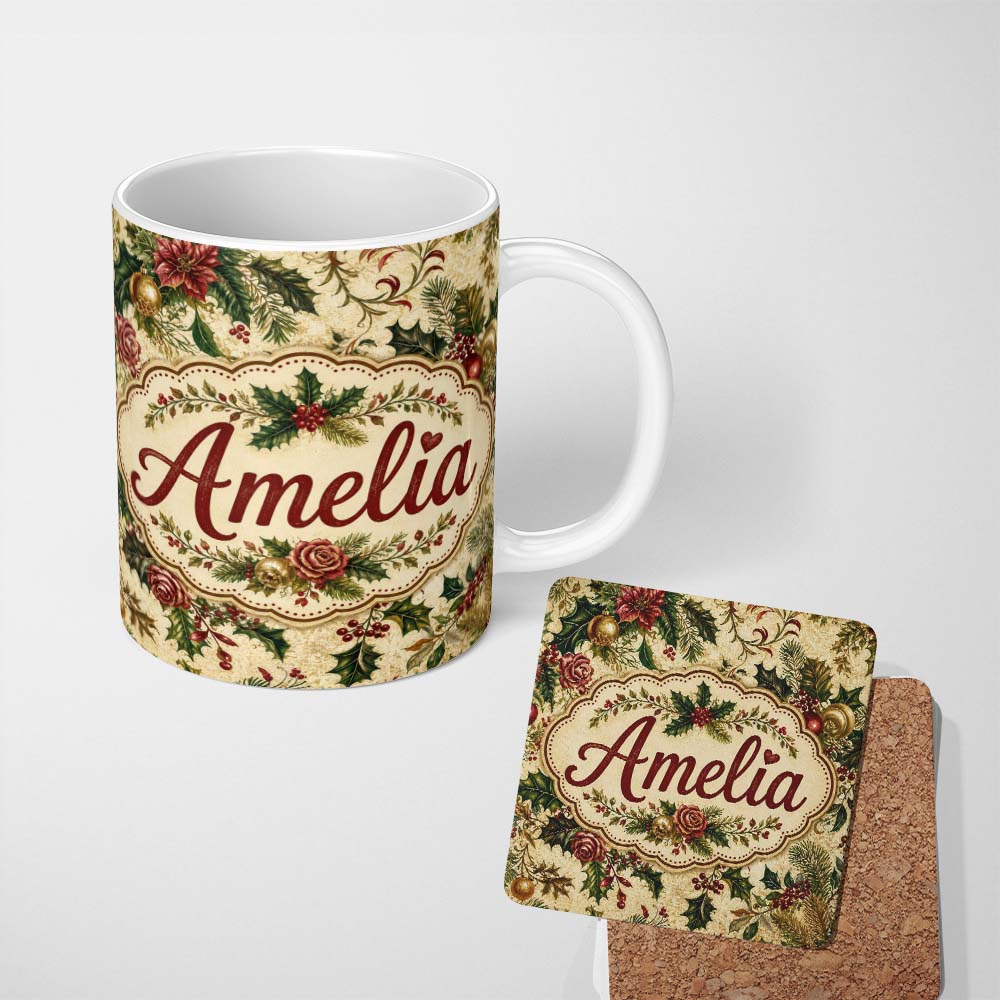 Personalized Custom Name Vintage Christmas Holly Berry Floral Elegant Seamless Pattern Lovely 11oz Ceramic Coffee Tea Mug White Large Handle