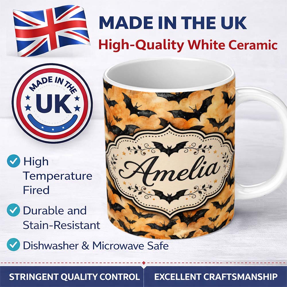 Personalized Custom Name Watercolour Flying Bats on Warm Orange Cloud Background Halloween 11oz Ceramic Coffee Tea Mug White Large Handle