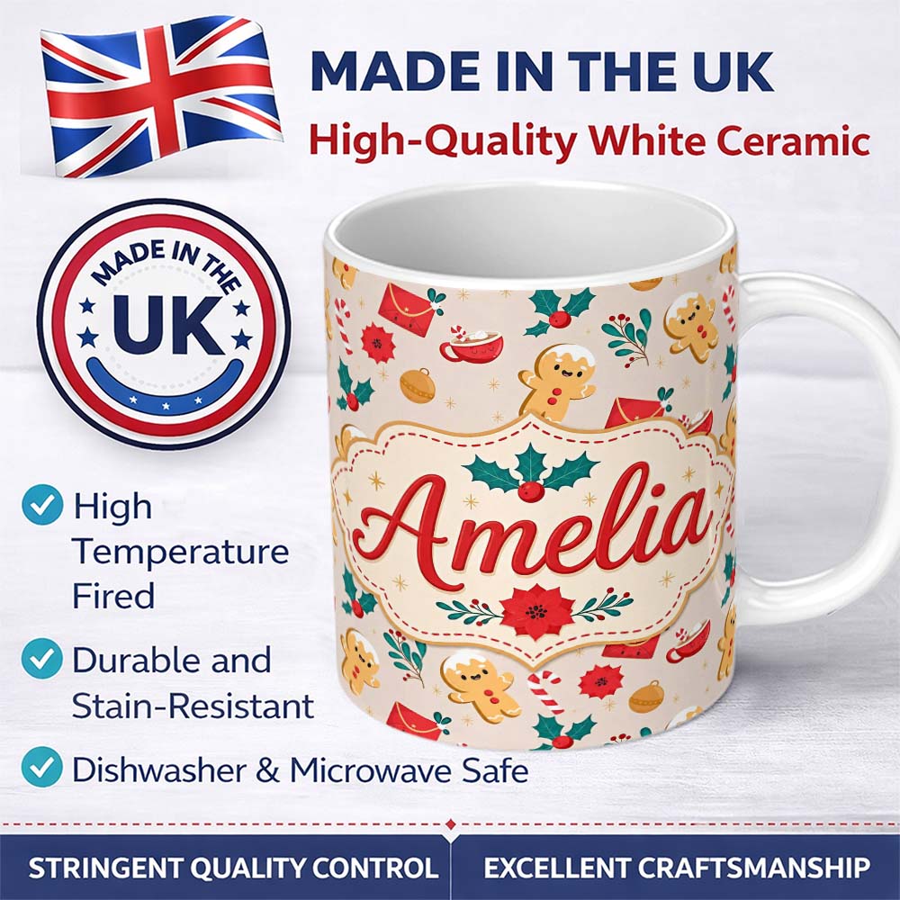 Personalized Custom Name Cute Gingerbread Cookies Cocoa Candy Cane Christmas Seamless Pattern 11oz Ceramic Coffee Tea Mug White Large Handle