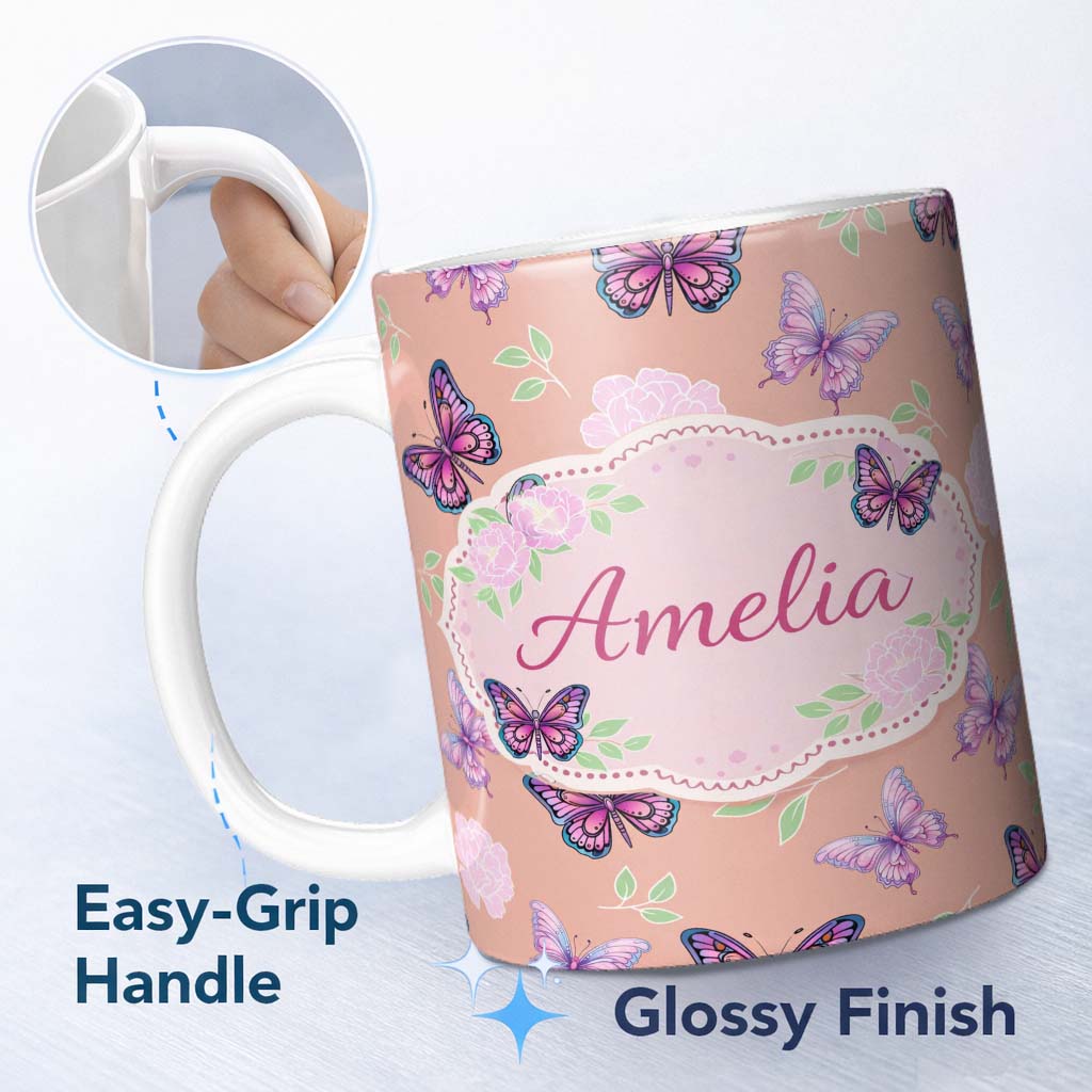 Personalized Custom Name Pink Purple Butterfly Floral Yellow Background Seamless Pattern 11oz Ceramic Coffee Tea Mug White Large Handle