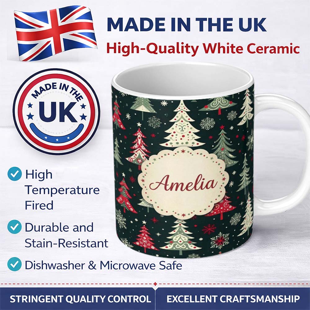 Personalized Custom Name Nordic Christmas Trees Red White Green Snowflakes Festive Seamless 11oz Ceramic Coffee Tea Mug White Large Handle