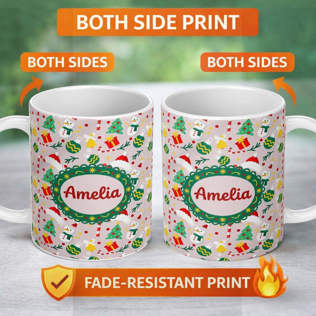 Personalized Custom Name Cute Snowman Tree Candy Cane Ornaments Holiday Seamless Pattern 11oz Ceramic Coffee Tea Mug White Large Handle