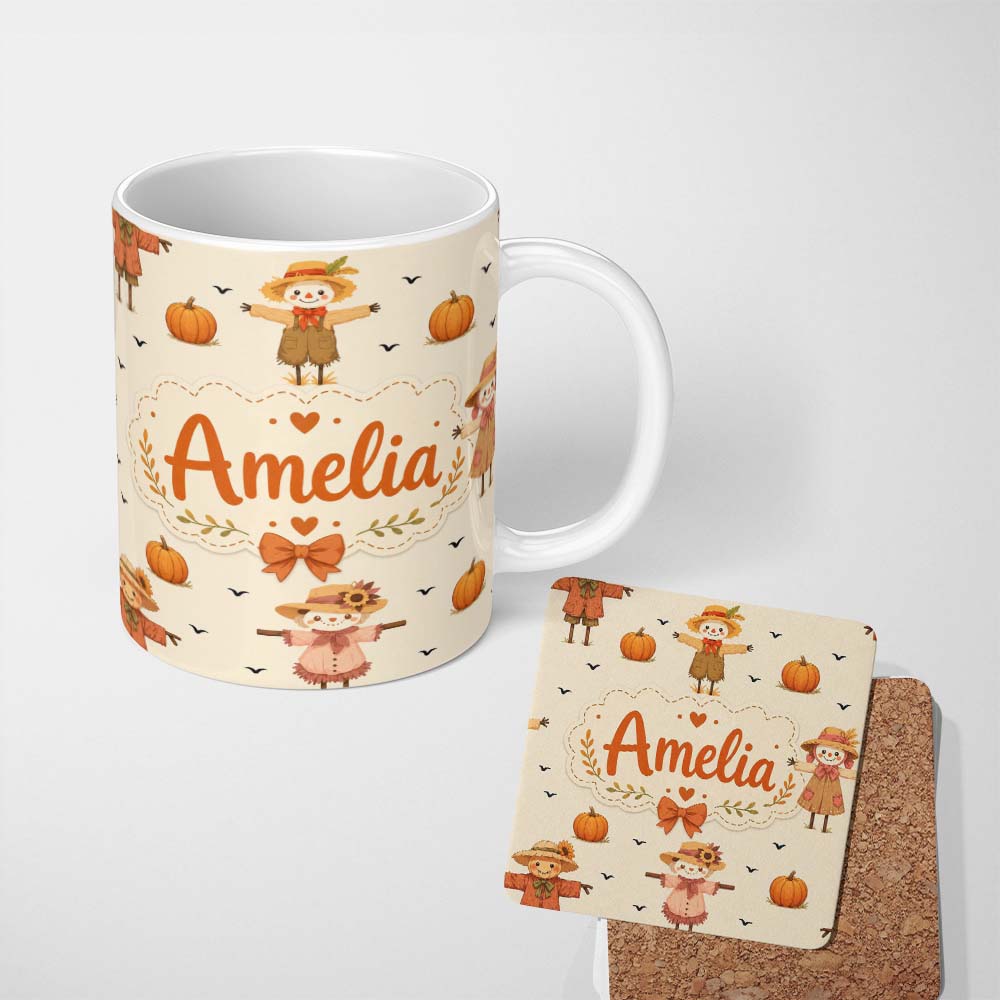 Personalized Custom Name Cute Autumn Scarecrow Pumpkin Birds Seamless Pattern Cream Lovely 11oz Ceramic Coffee Tea Mug White Large Handle