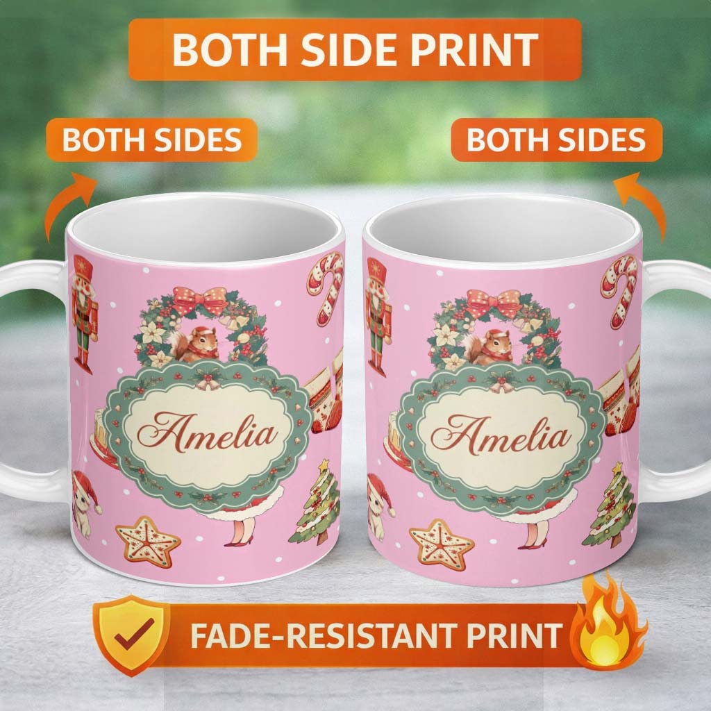 Personalized Custom Name Cute Christmas Nutcracker Squirrel Cake Candy Cane Girl Tree Pink 11oz Ceramic Coffee Tea Mug White Large Handle
