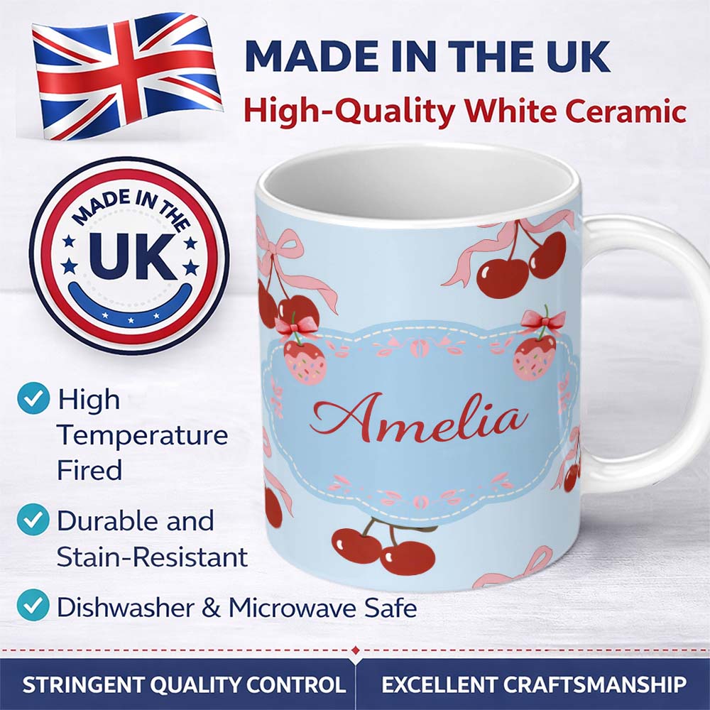 Personalized Custom Name Cherry Bow Ribbon Cute Decorative Cherry Seamless Pattern Lovely 11oz Ceramic Coffee Tea Mug White Large Handle