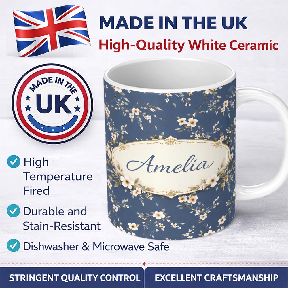 Personalized Custom Name Elegant Navy Floral Vine Delicate Botanical Charming Kitchen Decor 11oz Ceramic Coffee Tea Mug White Large Handle