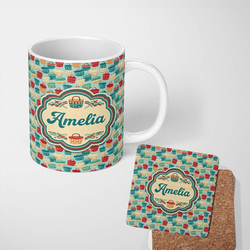 Personalized Custom Name Colorful Woven Picnic Baskets Style Seamless Pattern Lovely 11oz Ceramic Coffee Tea Mug White Large Handle