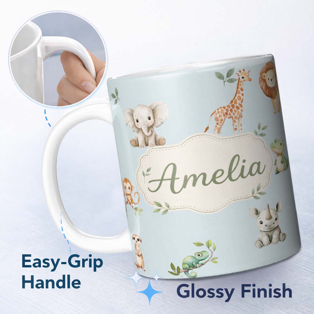 Personalized Custom Name Safari Animals with Elephant Lion and Crocodile on Soft Blue Lovely 11oz Ceramic Coffee Tea Mug White Large Handle