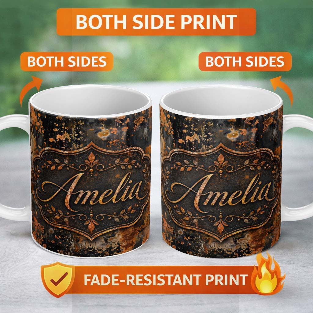 Personalized Custom Name Dark Grunge Rust Texture with Splatter Seamless Pattern Industrial 11oz Ceramic Coffee Tea Mug White Large Handle