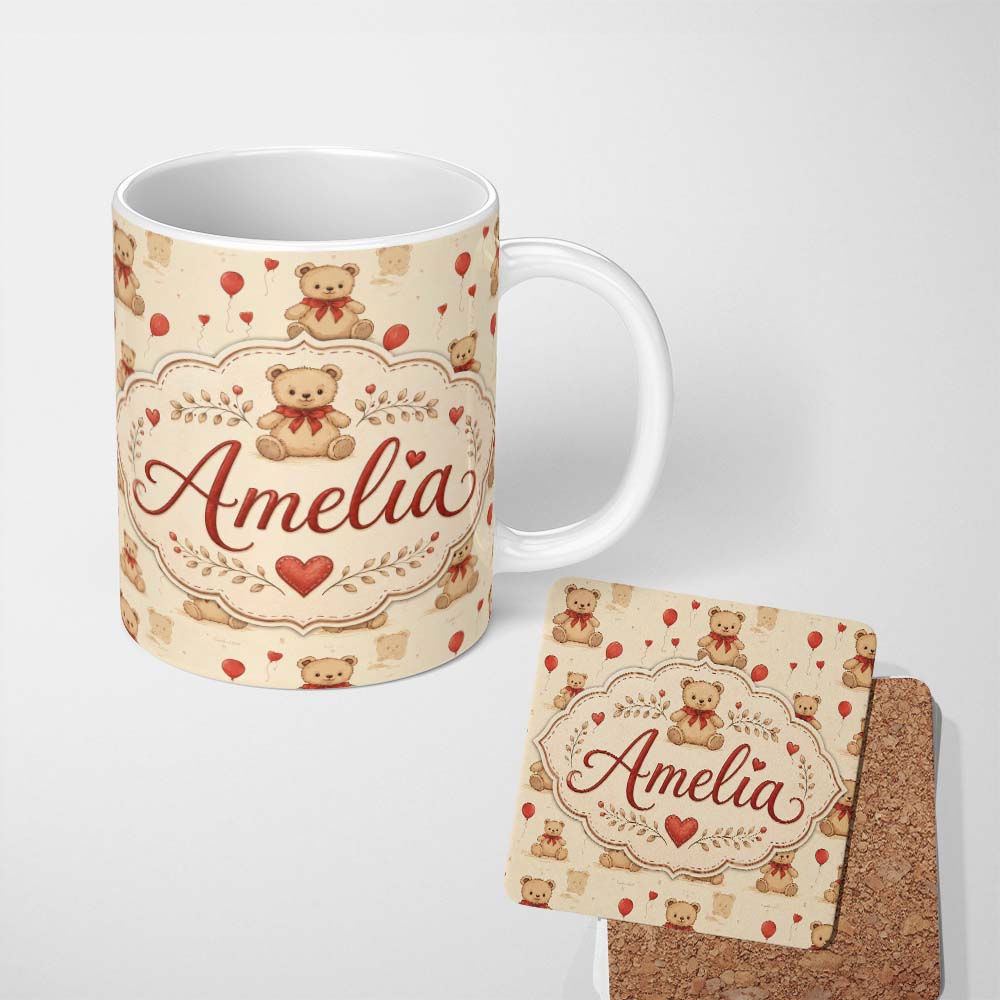 Personalized Custom Name Cute Teddy Bears with Red Balloons Vintage Style Seamless Pattern 11oz Ceramic Coffee Tea Mug White Large Handle