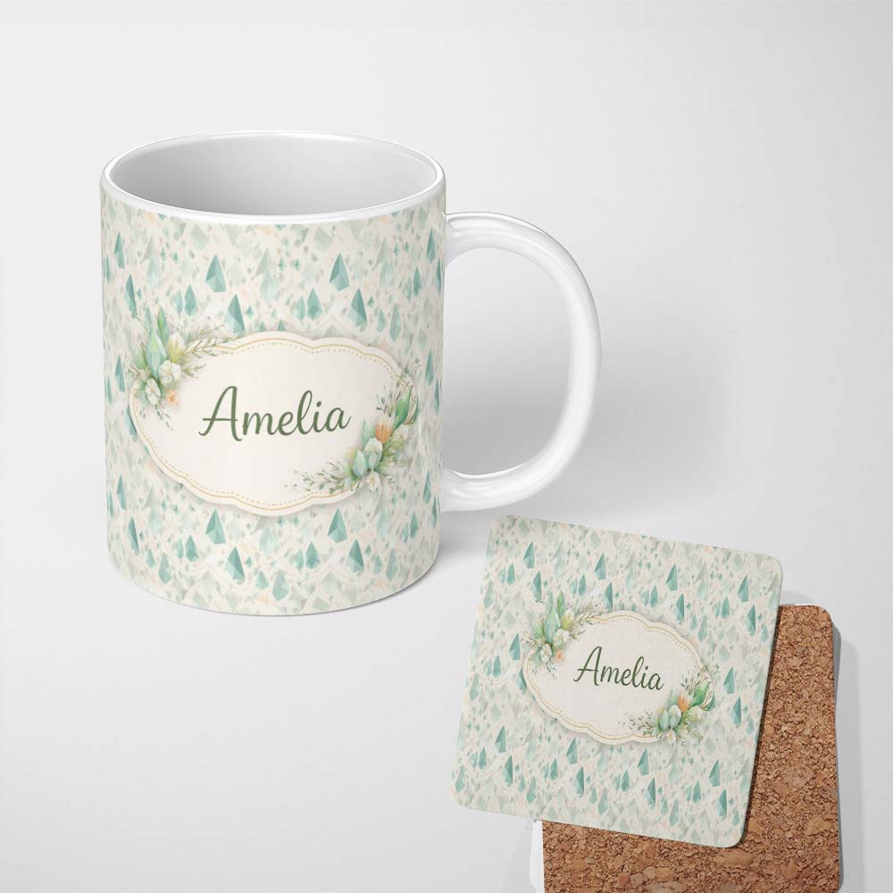 Personalized Custom Name Soft Pastel Green Geometric Crystal Seamless Pattern Lovely 11oz Ceramic Coffee Tea Mug White Large Handle