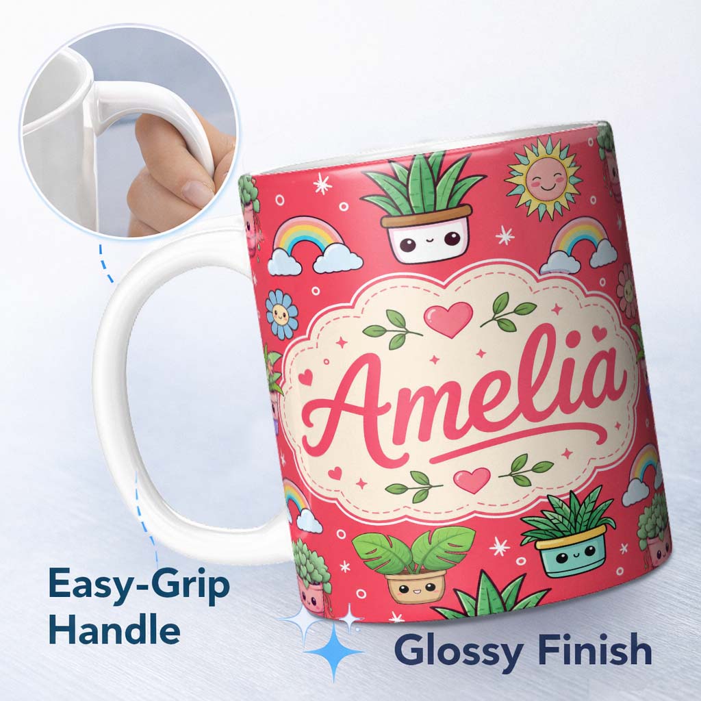 Personalized Custom Name Cute Kawaii Plants Rainbow Sun Flowers Seamless Pattern Red Lovely 11oz Ceramic Coffee Tea Mug White Large Handle