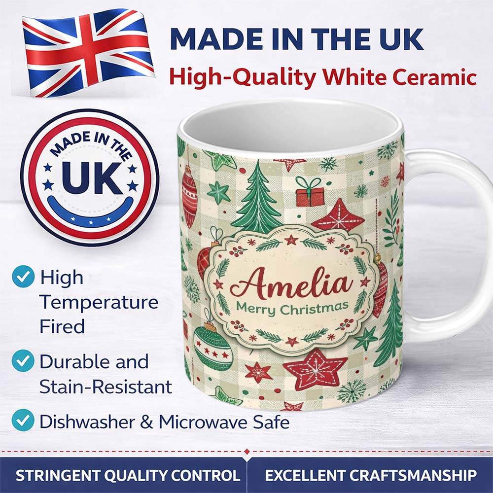 Personalized Custom Name Christmas Ornaments Trees Snowflakes Checkered Festive Seamless 11oz Ceramic Coffee Tea Mug White Large Handle