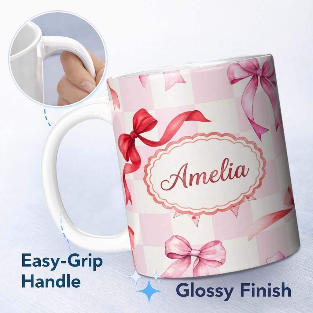 Personalized Custom Name Watercolor Red and Pink Ribbon Bow Pink Gingham Check Background 11oz Ceramic Coffee Tea Mug White Large Handle