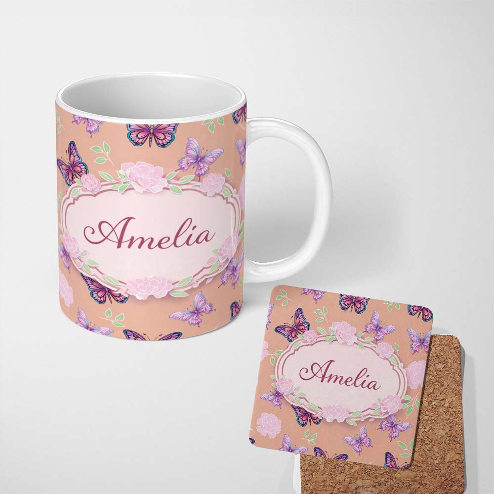 Personalized Custom Name Pink Purple Butterfly Floral Peach Background Seamless Pattern 11oz Ceramic Coffee Tea Mug White Large Handle