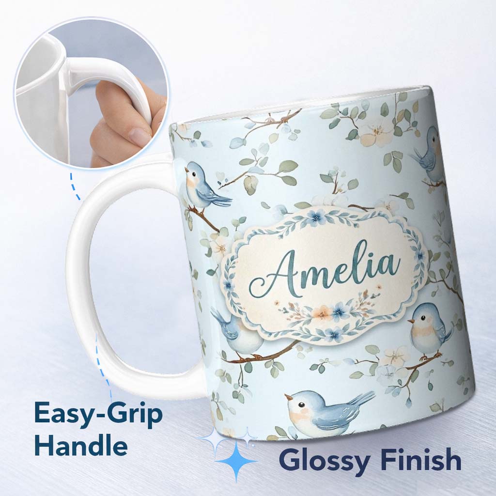 Personalized Custom Name Cute Blue Birds on Floral Branches Soft Background Seamless Pattern 11oz Ceramic Coffee Tea Mug White Large Handle