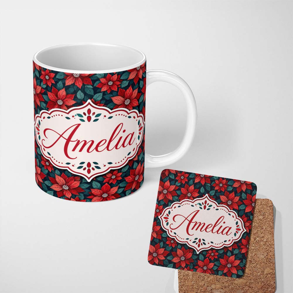 Personalized Custom Name Classic Red Poinsettia Floral Dark Background Christmas Seamless 11oz Ceramic Coffee Tea Mug White Large Handle